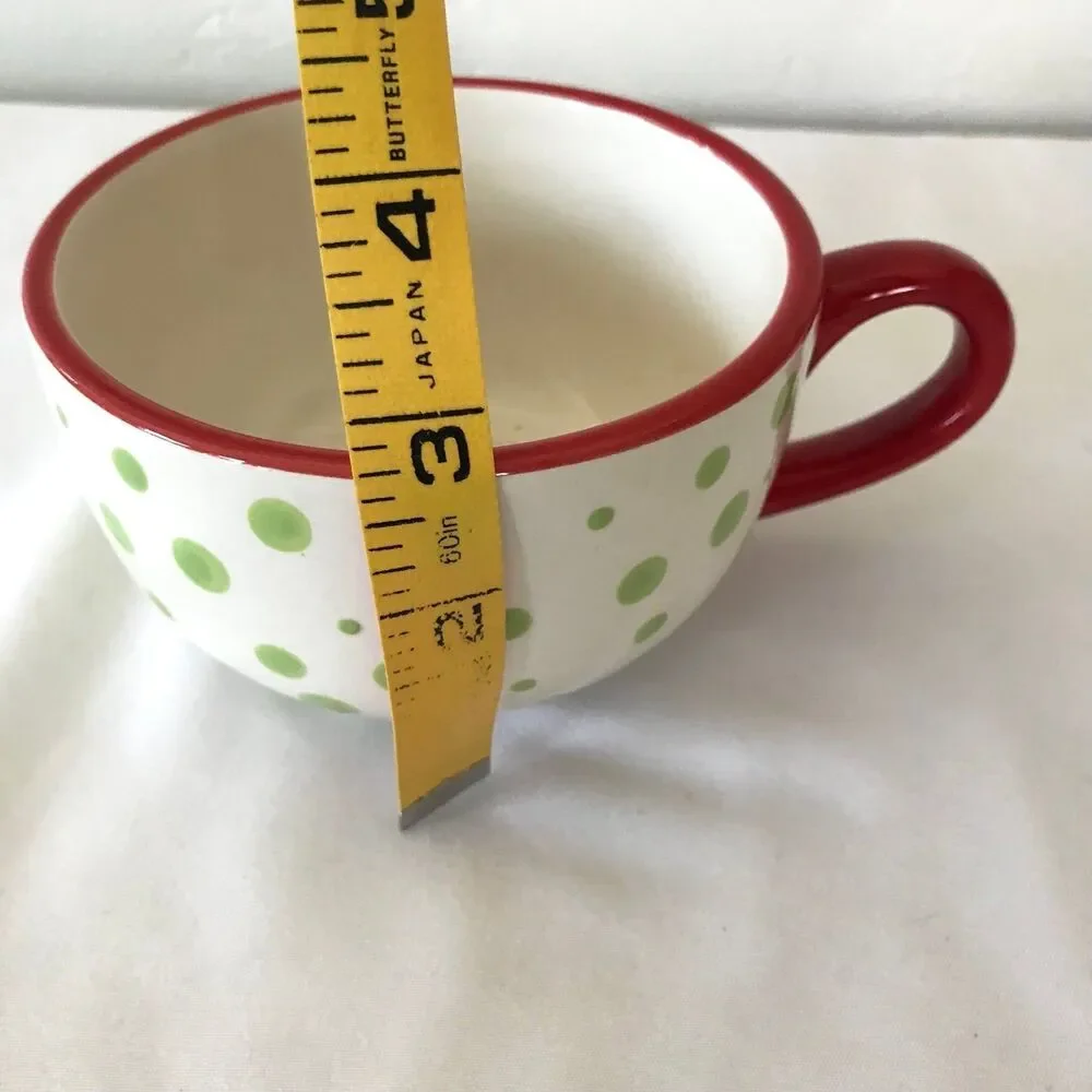 Pier 1 Coffee Mug Cup Trees Dots Xmas Hand painted Ironstone Red Green Rare